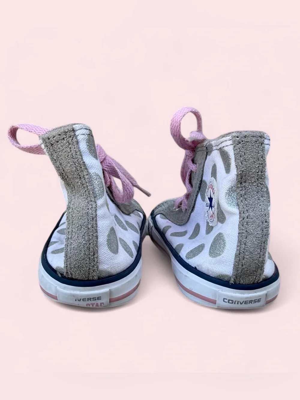 Converse Kids High-Top Sneakers White Gray Polka Dot with Pink Laces Girls 10